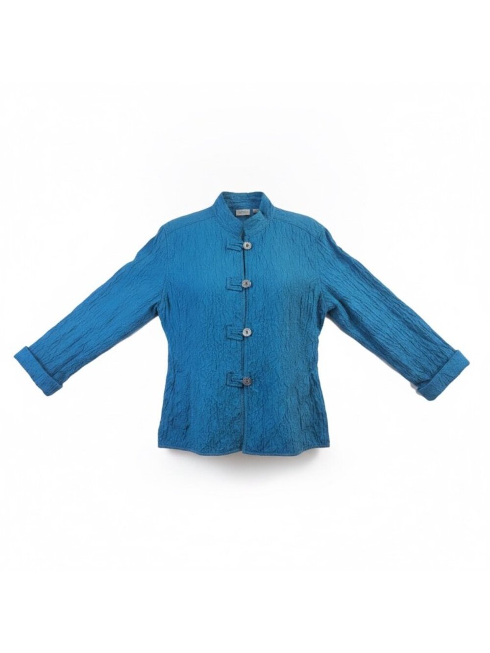 Chicos Womens Blue Textured Cotton Blend Mandarin Collar Jacket Size 2